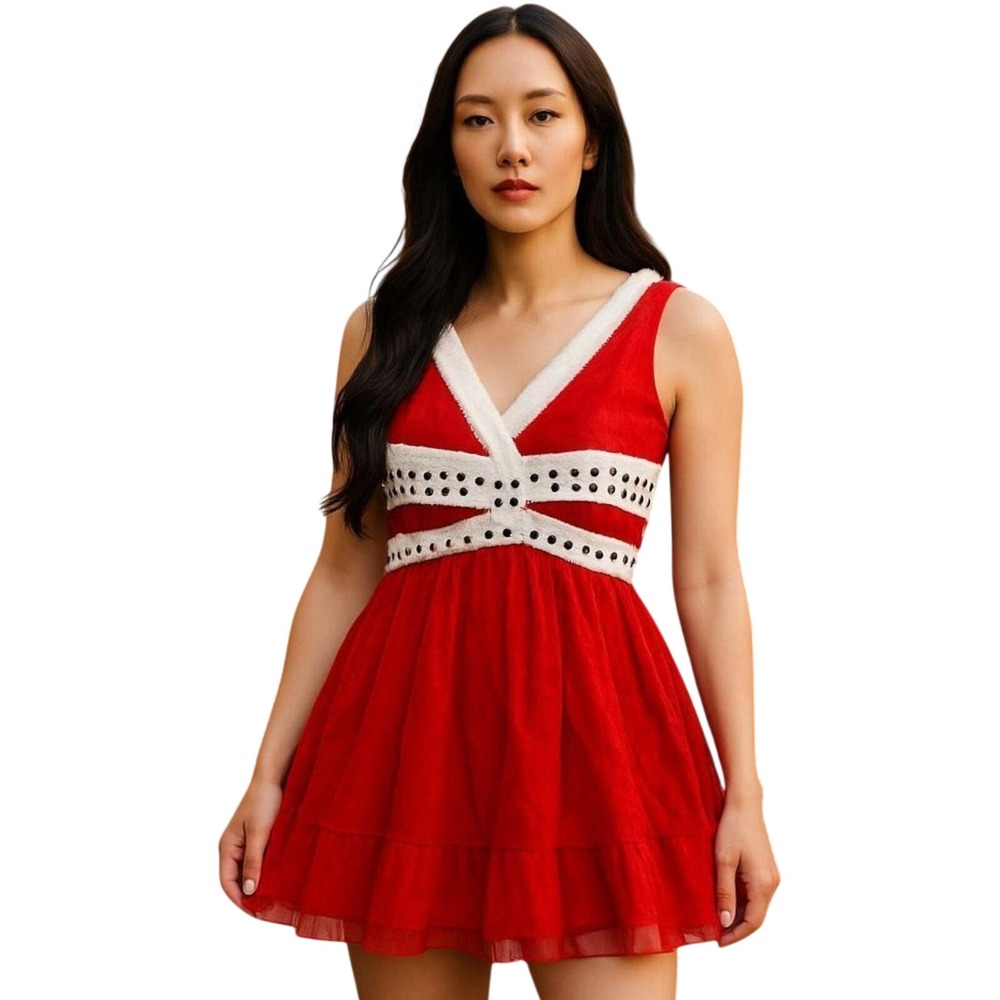 VTG 90s The Look Randolph Duke Ruffle‎ Top Sleeveless Studded Accents Red 12 NWT